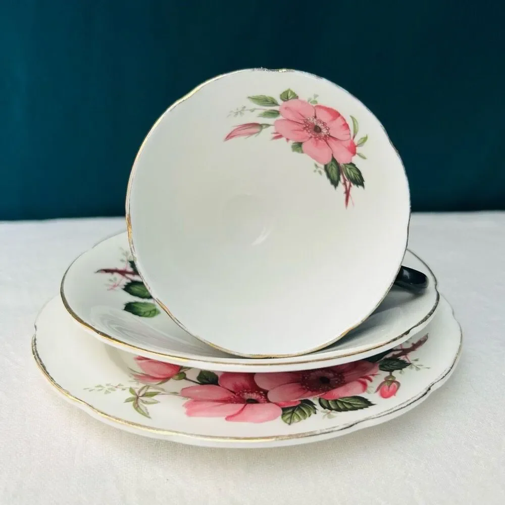 Vintage Old Royal England Pink Rose Porcelain Tea Cup Saucer Cake Plate Set